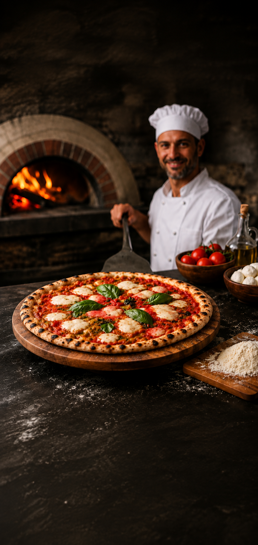 Wood-fired pizza on a wooden board beside the brick oven